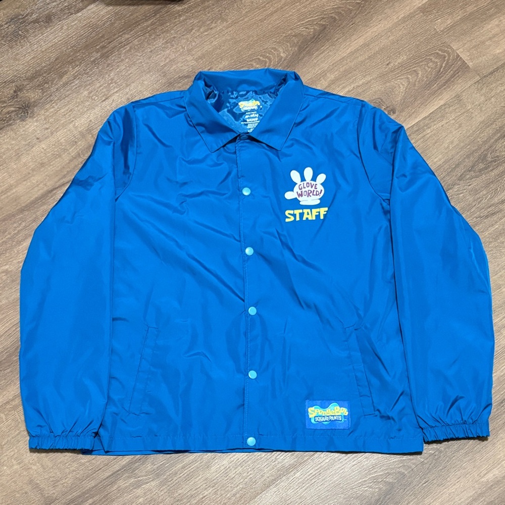SpongeBob Squarepants Glove World Staff Windbreaker Mens Small Blue Snap Front